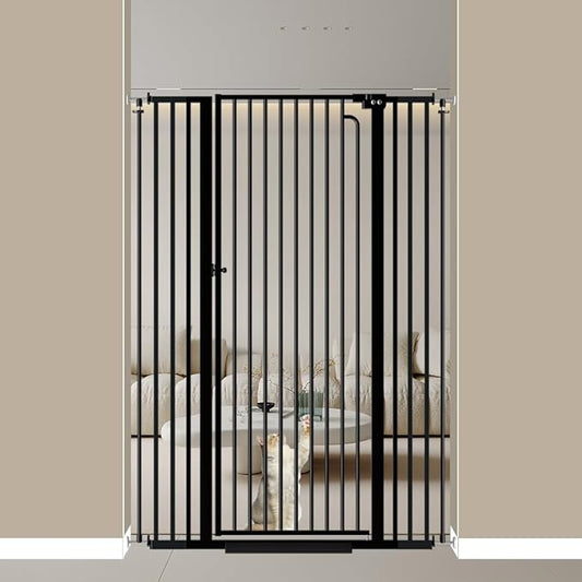 57" Extra Tall Cat Gate 38.58'' - 43.31'' Wide Dog Gate Inoor, Baby Gate with Cat Door Walk Through Swing Auto Close Safety Dog Pet Gate for Indoor Stairs, Doorways (Black)