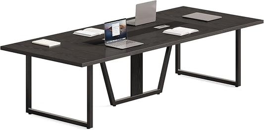 LITTLE TREE 8FT Conference Table for 10 People, Large Meeting Table, Modern Wooden Conference Room Table with Cable Management, Business Training Table with Strong Metal Legs for Office, Black