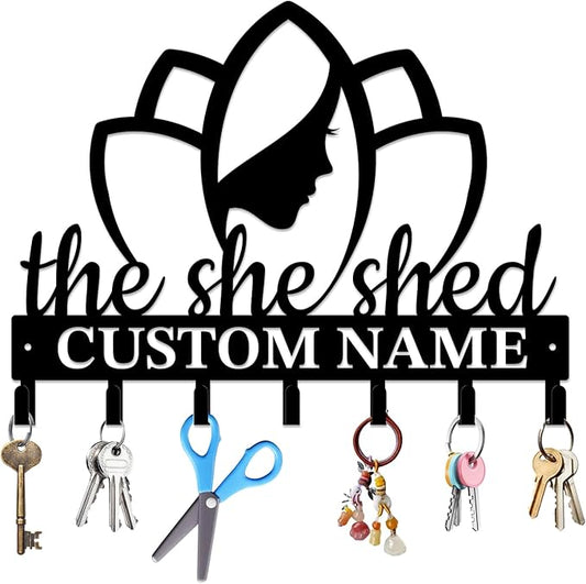 Personalized She Shed Keys Hooks,Custom Name Metal She Shed Art Keys Hooks,Metal She Shed Lover Wall Home Storage Decorative Keys Hooks,Key Holder Hooks for Wall (Style D)