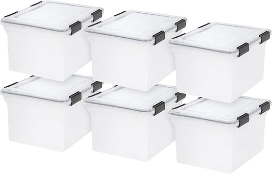 IRIS USA 32 Quart WEATHERPRO Plastic Storage Box with Durable Lid and Seal and Secure Latching Buckles, Clear with Black Buckles, 6 Pack