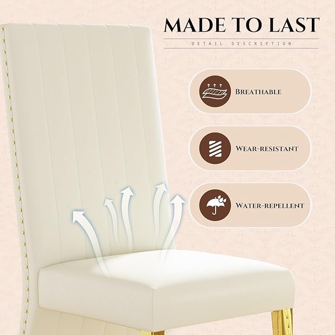 Dining Chairs, White Faux Leather Upholstered Dining Chair with Nailhead Trims, Gold Dining Room Chairs Set of 8