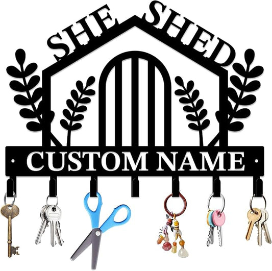 Personalized She Shed Keys Hooks,Custom Name Metal She Shed Art Keys Hooks,Metal She Shed Lover Wall Home Storage Decorative Keys Hooks,Key Holder Hooks for Wall (Style B)
