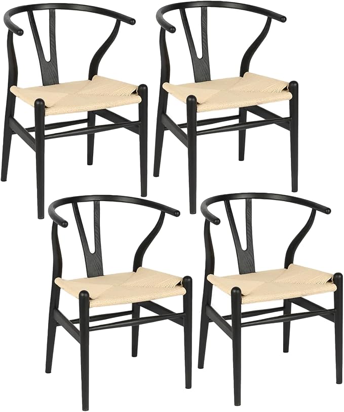 Wishbone Chair Natural Solid Wood Dining Chair/Hans Wegner Y Chair Rattan and Wood Accent Armrest Chairs - Ash Wood Chairs Set of 4 (Ash Wood - Black + Natural Color)