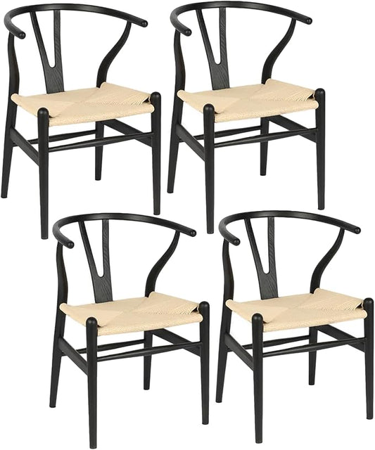 Wishbone Chair Natural Solid Wood Dining Chair/Hans Wegner Y Chair Rattan and Wood Accent Armrest Chairs - Ash Wood Chairs Set of 4 (Ash Wood - Black + Natural Color)