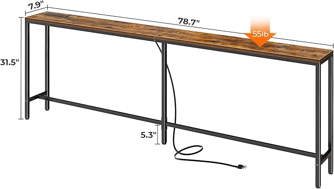 SUPERJARE 78.7 Inch Console Table with Outlet, Sofa Table with Charging Station, Narrow Hallway Entryway Table, Behind Couch Table, for Living Room, Rustic Brown