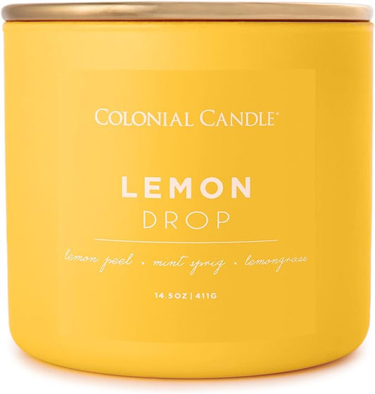 Colonial Candle Lemon Drop Scented Jar Candle, Pop of Color Collection, 3 Wick, 14.5 oz - Up to 60 Hours Burn
