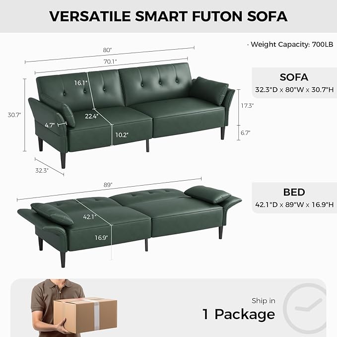 89” Futon Sofa Bed,Futon Couch Bed with 2 Square Pillows,Convertible Sleeper Sofa with Adjustable Backrest& Armrests, Modern Loveseat Sleeper for Living Room, Bedroom,Faux Leather Green