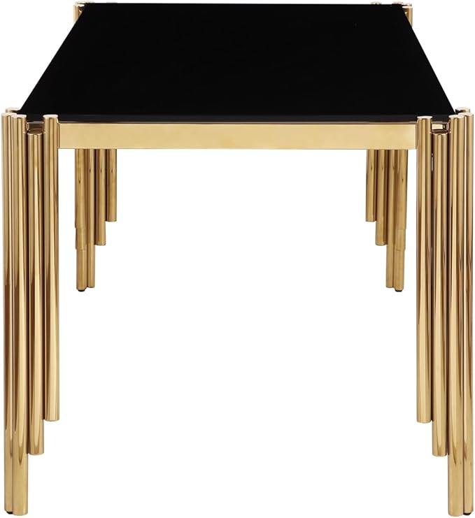 65" Rectangle Glass Dining Table, Glass Kitchen Table w/Tempered Glass Tabletop and Stainless Steel Gold Legs, Modern Glass Dining Room Table for Home, Kitchen, Dining Room