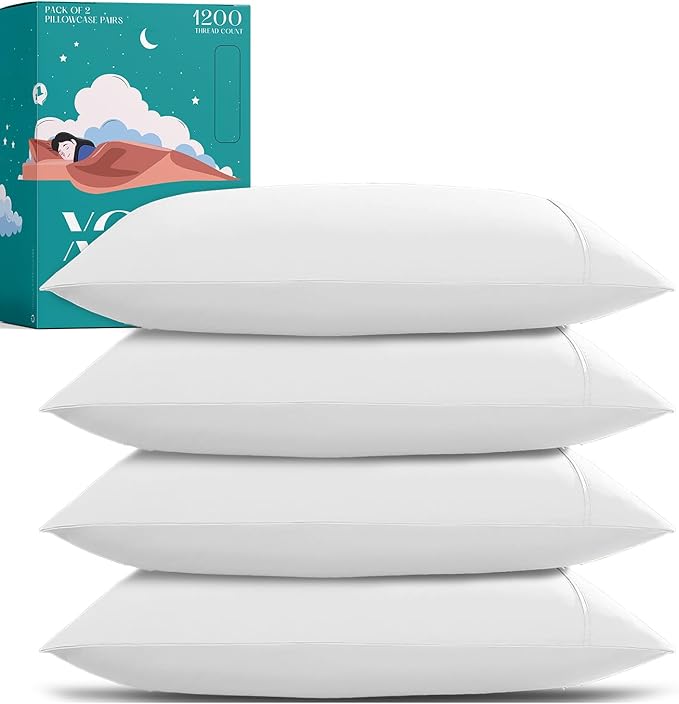 XOOX Linen 100% Egyptian Cotton Pillow Cases Standard/Queen Size Set of 4 - Luxury 1200 Thread Count Sateen White Pillow Cases, Silky Soft Cooling Pillowcases Fits Standard & Queen Size Pillows