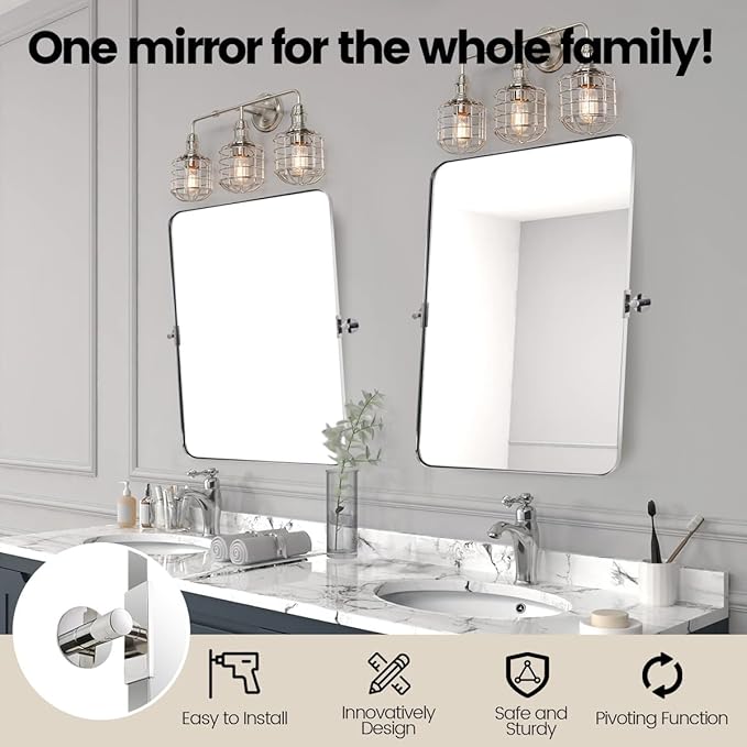ANDY STAR Chrome Pivot Bathroom Mirror, 20" x 30" Chrome Tilting Wall Vanity Mirror, Rounded Rectangle Metal Frame Pivots Vertically Only (Overall 24.33" x 30")