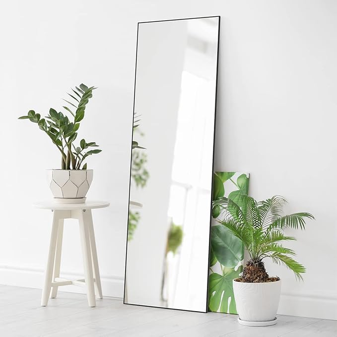 ANYHI Over The Door Mirror, 60"x18" Black Full Length Mirror with 2 Hooks, Door Hanging or Wall Mounted, Aluminum Frame, for Bedroom Bathroom