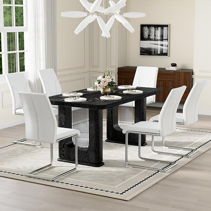 64.5" Black Dining Table Set for 6, Modern Kitchen Table and Chairs Set with PU Leather Cushioned Chairs & Decorative Pedestal Base, 7 Piece Wood Grain Dining Table Set for Dining Room or Kitchen