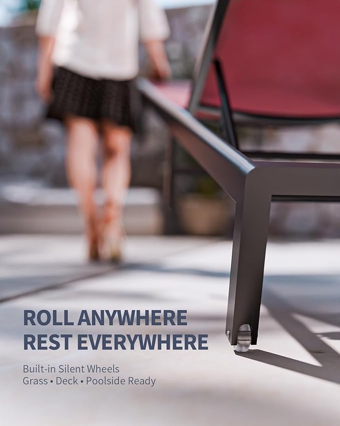 Aluminum Lounge Chairs Outdoor Chaise Furniture,2 Sets Patio Metal Deck Lounger Adjustable 5-Position Poolside Chase Recliner with Wheels for Beach,Coffee Table, (Red, 1 Chair)