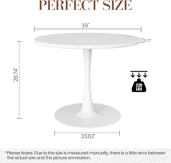 DKLGG White Round Dining Table, 39.1" Tulip Kitchen Dining Table for 4-5 People with MDF Table Top & Pedestal Base, Mid-Century End Living Room Table
