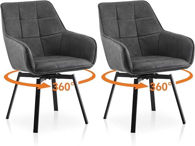 TUKAILAi Swivel Dining Chairs Set of 2, Faux Leather Upholstered Mid Century Accent Chairs with Metal Legs, Rotatable Kitchen Chair for Home Office Kitchen Restaurant (Grey)