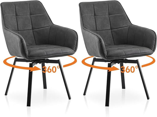 TUKAILAi Swivel Dining Chairs Set of 2, Faux Leather Upholstered Mid Century Accent Chairs with Metal Legs, Rotatable Kitchen Chair for Home Office Kitchen Restaurant (Grey)