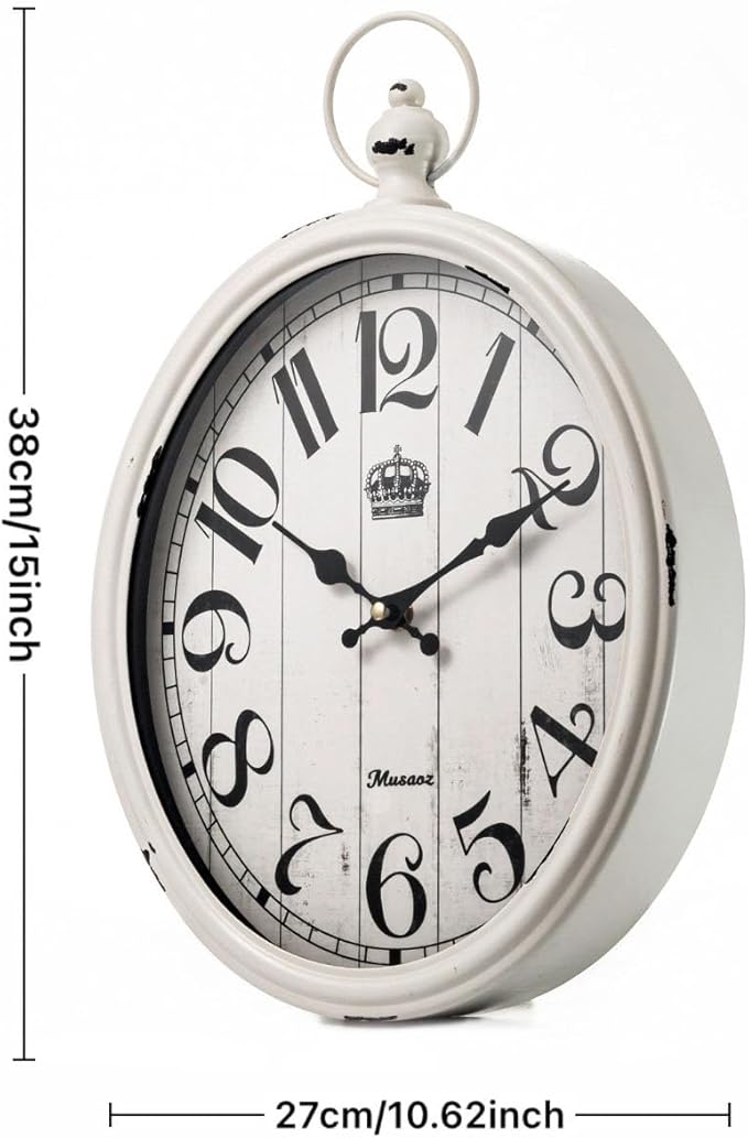 Oval Wall Clock Metal 16 inch Large Battery Operated Retro Wall Clock Old-Fashioned Antique Design Rustic Vintage Style Decor Wall Clock for Living Room Kitchen Farmhouse White