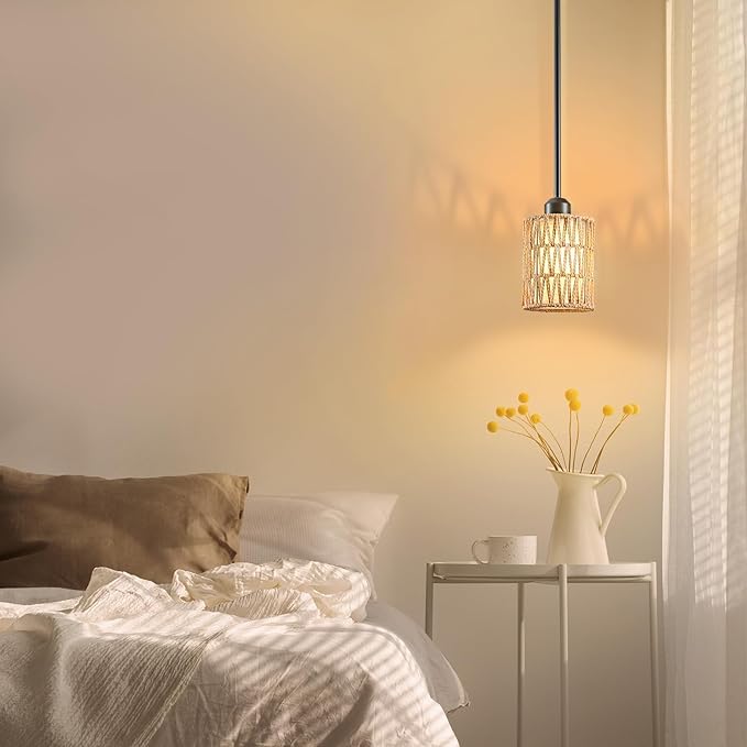 Pendant Lights for Kitchen Island, 3-in-1 Upgrade Larger Rattan Hanging Light Shade with Linen Shade, Adjustable Height Boho Hanging Lamp Fixture for Dining Room, Farmhouse, Bedroom (2 Pack)