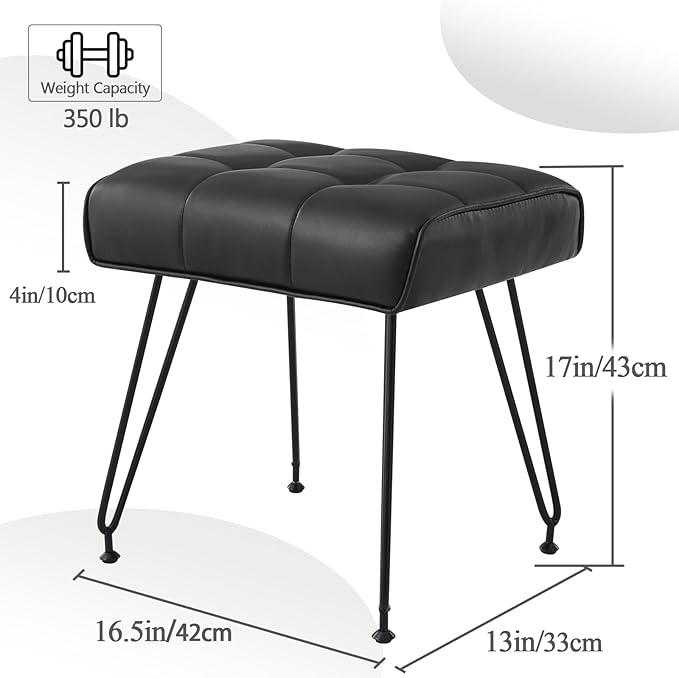 PU Leather Vanity Stools, Vanity Stool Chairs for Makeup Faux Leather Foot Stools Ottoman with Metal Leg Make up Chairs for Vanity Small Bench Seat for Living Room Bedroom (Black)