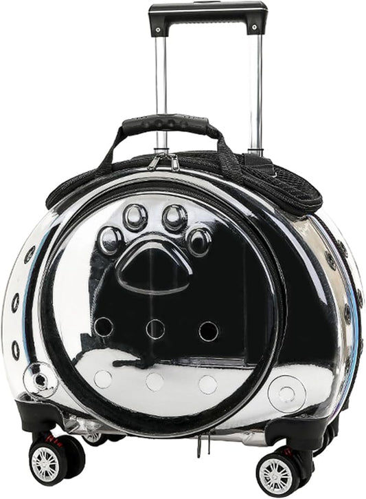Pet Trolley Case with Ventilation Holes, Pet Carrier,Rolling Carrier,Clear Window Trolley Case,Strollers for Small Dogs,Cat Carrier with Silent Wheels Telescopic for Travel Black