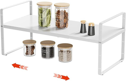 16.5-27’’L Expandable Stackable Cabinet Shelves, Adjustable Spice Rack Cabinet Shelf Organizer for Kitchen, Countertop, Pantry and Cupboard, White