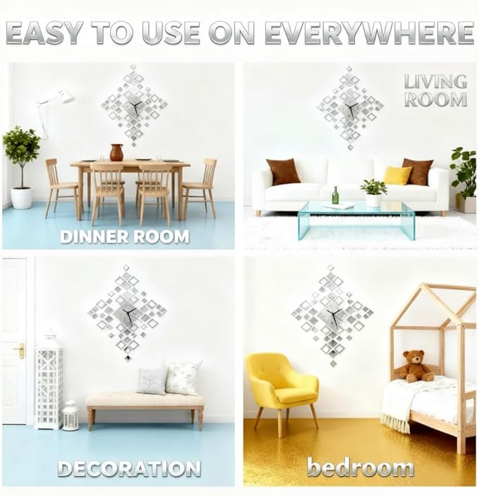 Frameless DIY Wall Clock – Large Modern 3D Mirror Wall Clock with Numbers Stickers, DIY Clock Kit for Home, Living Room, Bedroom, Office Wall Decor (Silver)