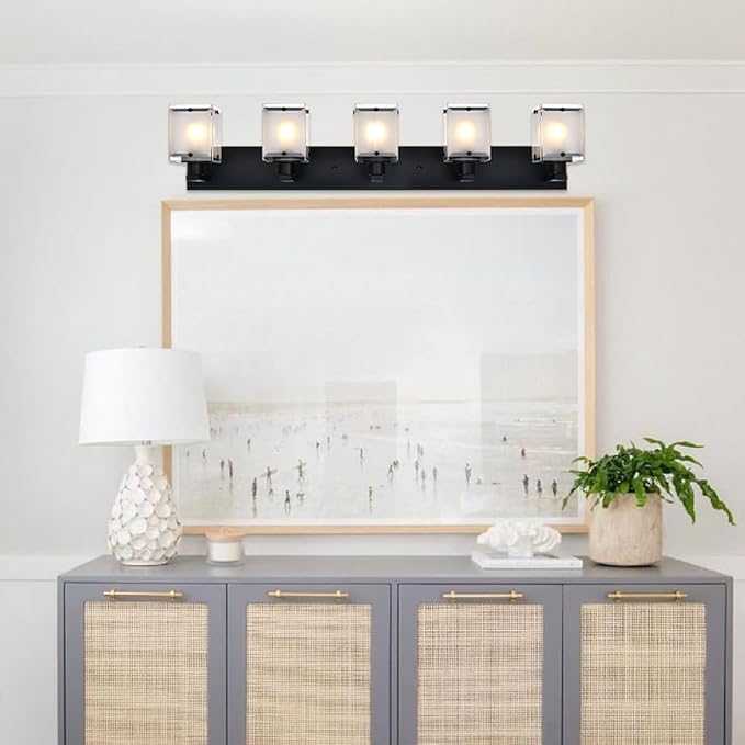 5-Lights Bathroom Light Fixtures, Matte Black Modern Vanity Lights with Rectangular Frosted Glass for Over Mirror Dressing Table, E26 Bulb Base