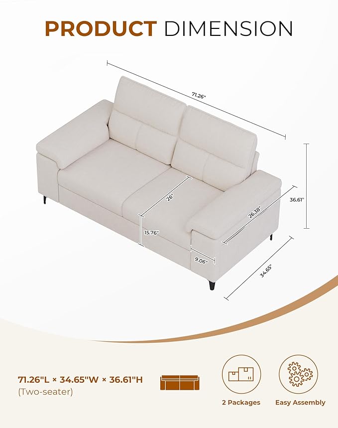 71.25" Modern Sofa Couch for Living Room, Deep Seat Sofas with 8”Cushion, Comfy 2-Seater Chenille Loveseat with Convertible Armrest, Removable Sofa Cover, High Leg (Beige)