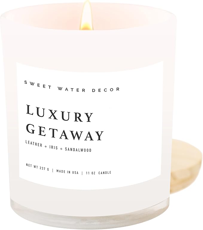Sweet Water Decor Luxury Getaway Scented Candles - Soy Candles with Lemon, Cedarwood, Cinnamon, Vetiver, Amber & Musk Home Scent - Candle Wax with 50 Hours Burn Time - 11Oz Wood Lid White Jar Candles