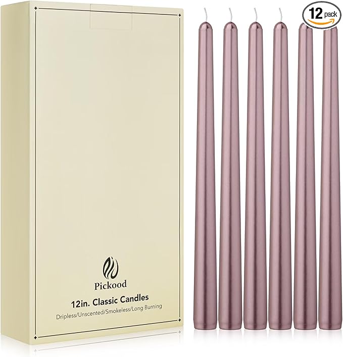 New Burning Formula Unscented Dripless 12-Inch Taper Candles Set of 12 - Rose Gold, for Wedding, Dinner - Smokeless, Long Burning - Hand Poured, Colored Tall Candlesticks - Oro Rosa