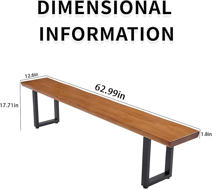 Durable Solid Wood Top Bench with Sturdy Metal Legs – Versatile Dining & Office Seating - Multi-Size Options Ideal for Living Room, Dining Room, and Home Office(Dark yellowbench, 62.99in)