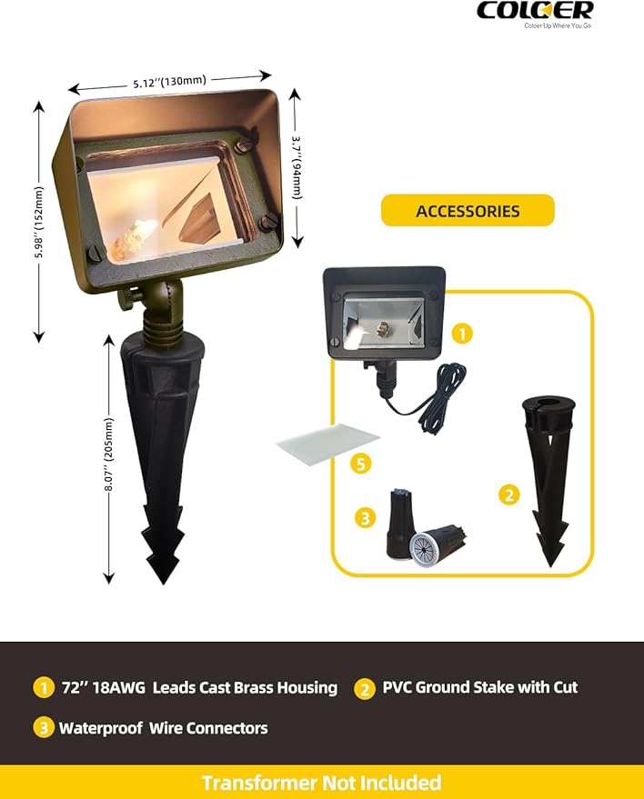 COLOER Brass Rectangular Flood Lights 12-Pack Without Blub, 12V Low Voltage Landscape Floodlights for Outside, Outdoor Wall Lights Illuminating Signs, Walls and Plant Material