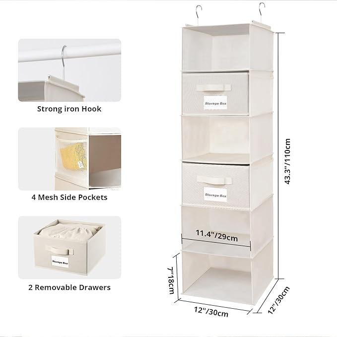 2 Pack 6 Shelves Hanging Closet Organizer with 2 Drawer, Hanging Storage with 4 Side Pockets for Clothes Shoes, 43.5"x12"x12"(Beige)