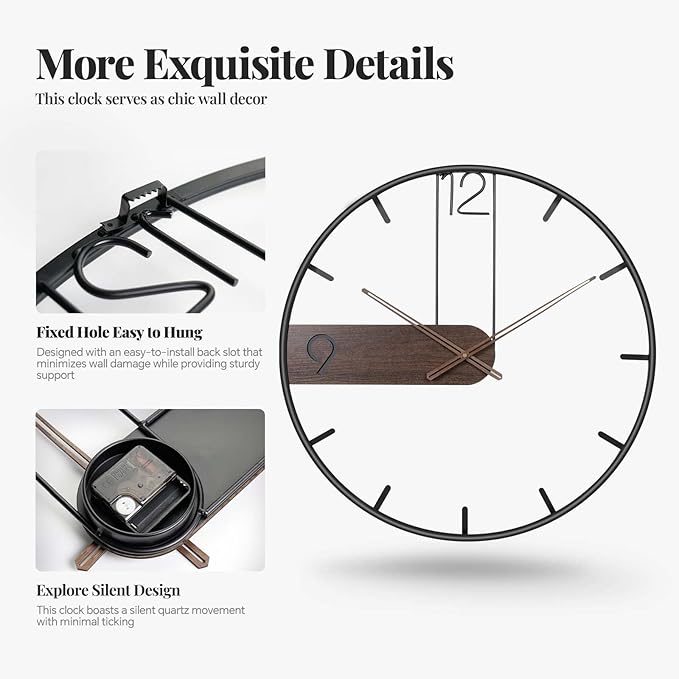 Modern Large Wall Clock 24 Inch, Wood Metal Frame Silent Non Ticking Battery Operated Wall Clocks Decoration for Living Room, Bedroom, Kitchen, Minimalist Walnut Dial Arabic Numerals
