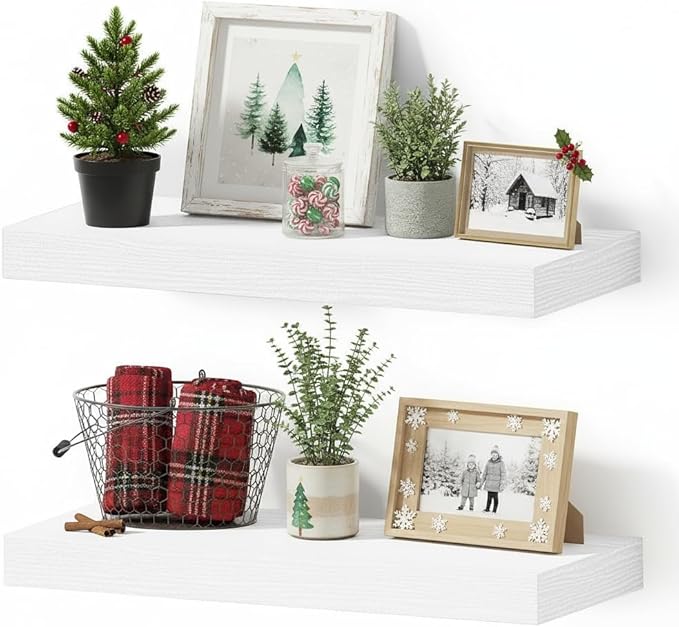 Vivelove 16 inch Floating Shelves for Wall, Bathroom Shelves Over Toilet, Wall Shelf for Bedroom, Living Room, Kitchen, Office Home Decor, Narrow Shelves with Invisible Brackets - Set of 2, White