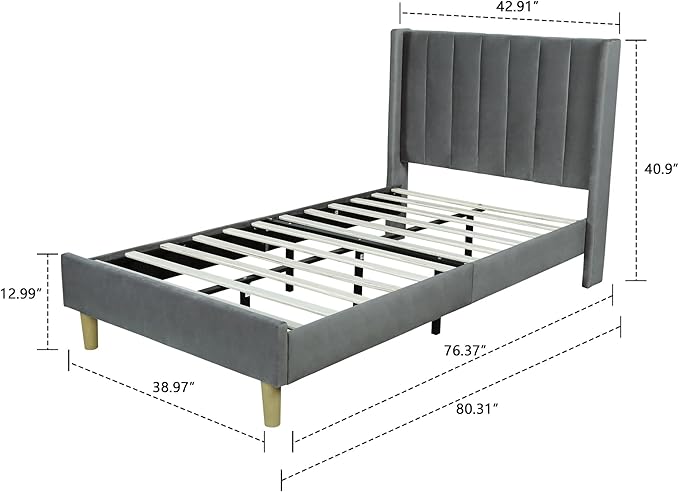Low Profile Upholstered Platform Bed,Twin Beds with Dark-Grey(Velvet)