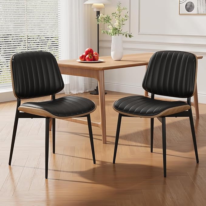 Dining Chairs Set of 2, Mid-Century Modern Upholstered PU Leather Chairs with Walnut Bentwood Back and Metal Legs for Kitchen Dining Living Room, Black Vertical Stripes