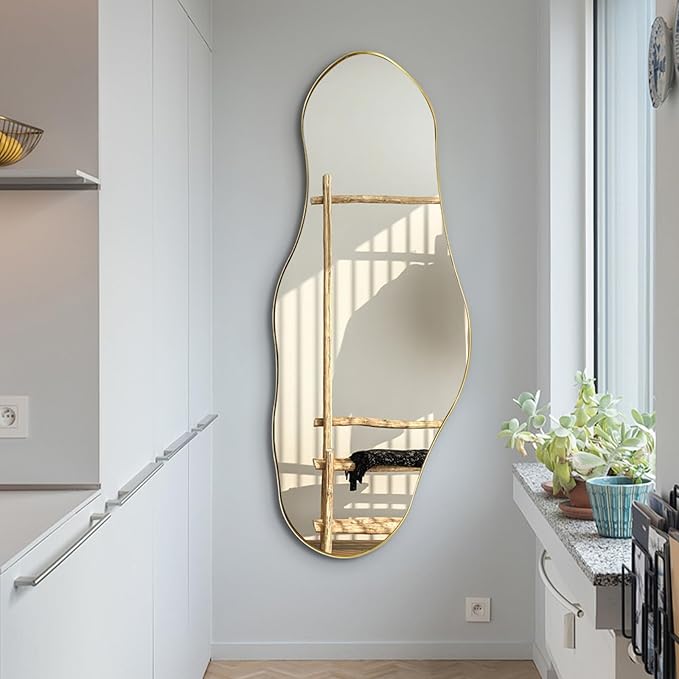 Large Asymmetrical Mirrors, 55"x22" Irregular Shaped Mirror, Gold Metal Frame Abstract Wall Mirror Decorative, Modern Funky Mirrors for Living Room Bathroom Bedroom Hallway Entryway Fireplace