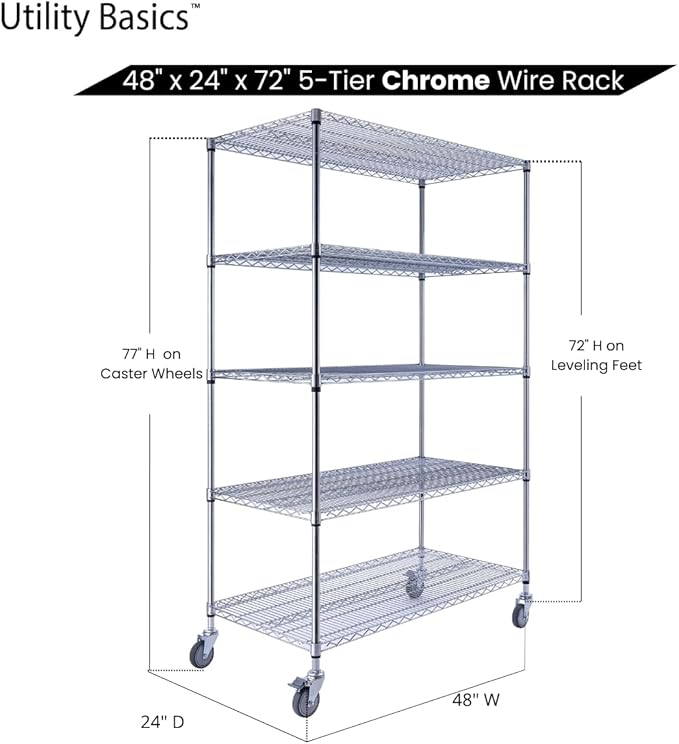 NSF Commercial 5-Tier Wire Shelving with Wheels, 48"x24"x72" Heavy Duty Metal Shelves 4000 lbs Max Capacity, Chrome Storage Rack for Garage Kitchen Pantry Warehouse