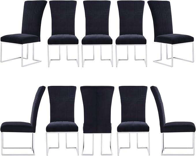 AUZ Dining Chairs Set of 10, Black and Silver Dining Chair with Velvet Upholstery and Mirrored Silver Sled Legs