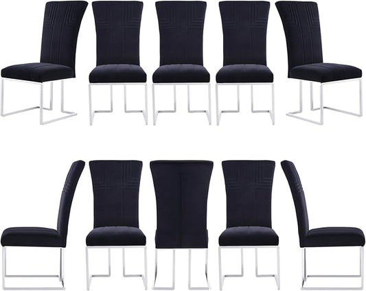 AUZ Dining Chairs Set of 10, Black and Silver Dining Chair with Velvet Upholstery and Mirrored Silver Sled Legs