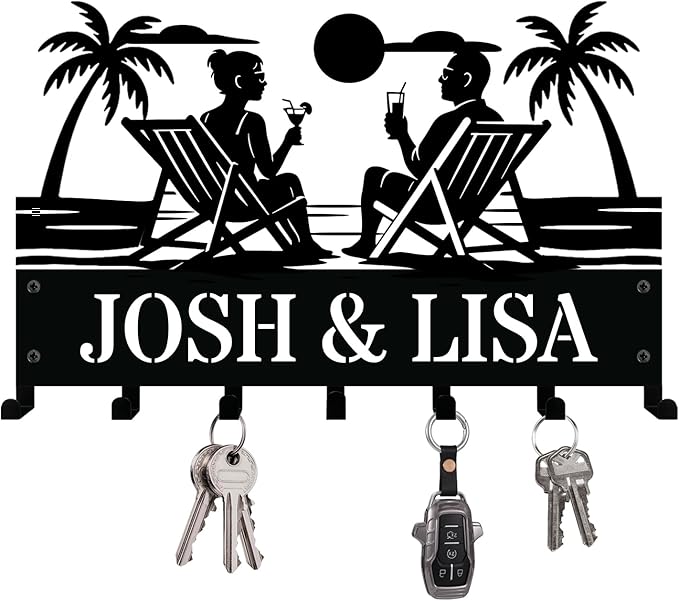 NIWAHO Personalized Beach Couple Key Holder with Name – Custom Metal Wall Mount Keys Hanger Rack with Hooks for Entryway, Front Door, Hallway, Living Room, Kitchen Decor