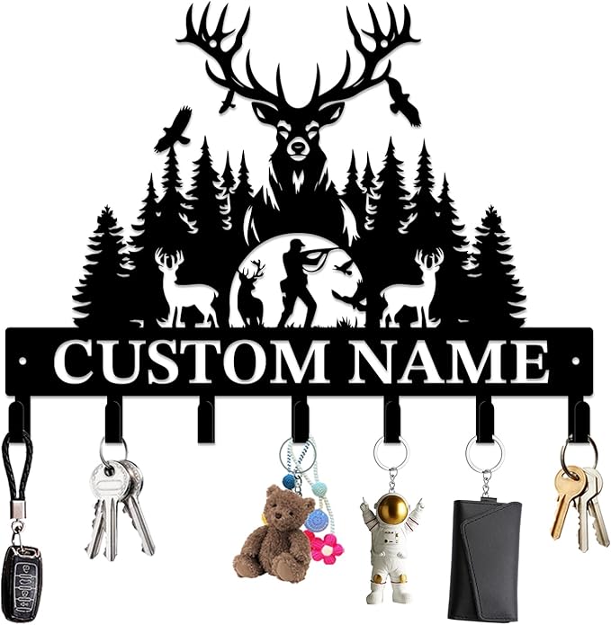 Personalized Custom Name Hunting Deer Wall Key Hooks,Metal Hunting Art Clothes Hooks,Metal Hunting Wall Home Storage Decorative,Hunter For Front Door, Hallway, Kitchen, Bedroom,Keys,Hats (Style M)