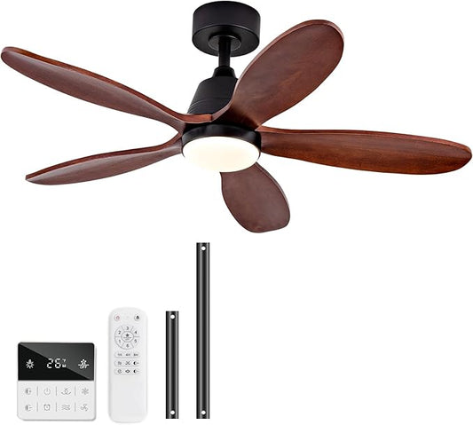 42 Inch Wood Ceiling Fans with Lights and Remote, Modern Ceiling Fan with Light, 5 Blades, Dimmable, Wall Switch, Memory Function, Indoor Outdoor Black Ceiling Fan for Patio Bedroom