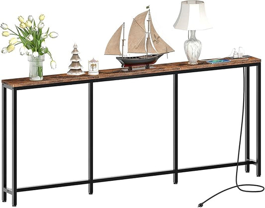 62.99" Console Table with Charging Station, Narrow Long Behind Couch Table, with 2 AC Outlets, 1 USB-A Port and 1 Type-C Port Rustic Brown and Black TXG26UBF