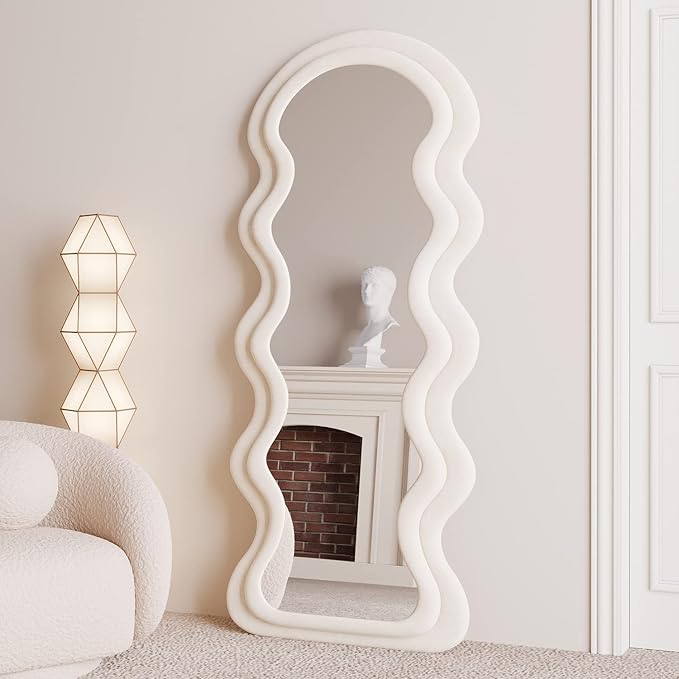 BOJOY Full Length Wavy Arched Mirror, 63x24in, Wall Mount/Standing/Leaning - White