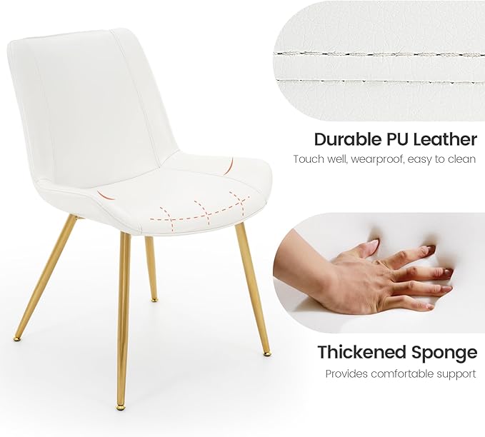 Brage Living Dining Chairs Set of 2, PU Leather Modern Armless Kitchen Dining Room Chairs, Upholstered Accent Side Chairs with Metal Legs (Pearl White, Gold Legs)