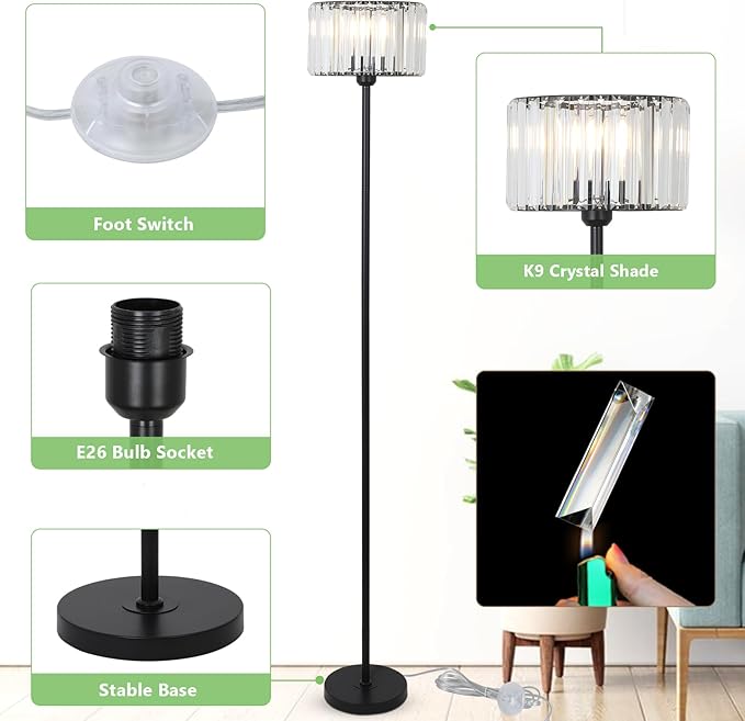 HMVPL Black Floor Lamp for Bedroom, Modern Floor Lamp for Living Room with K9 Crystal Shade, Industrial Standing Lamp with On/Off Switch, Vintage Corner Tall Lamp for Nursery Office Kids Girls Room