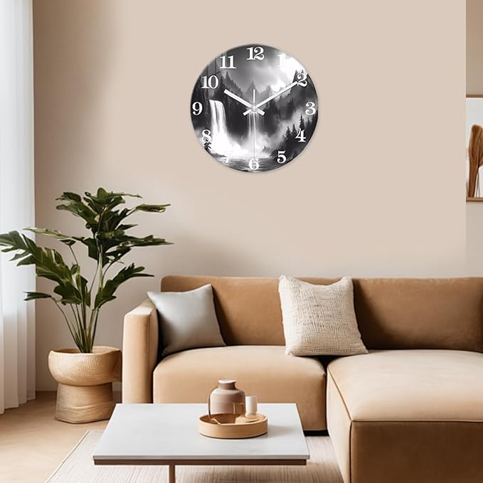 XNM Black and White Clock Battery Operated 16 Inch Landscape Big Wall Clocks for Living Room Decor Round Non Ticking Wall Clock Silent