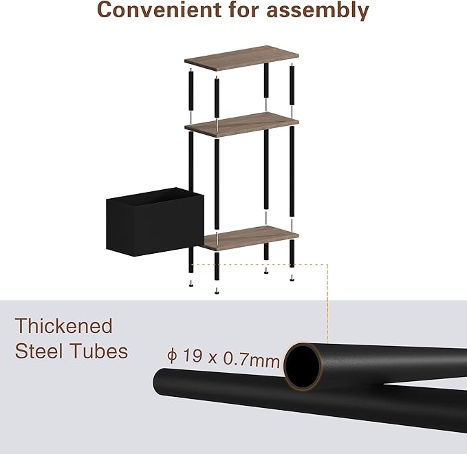 Narrow Side Table with Fabric Basket, End Table for Small Spaces, Slim Nightstand with 3-Tier Storage Shelf, Sofa Beside Table, for Living Room, Bed Room, Natrual Walnut